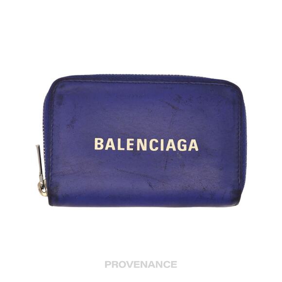 🔴 Balenciaga Logo Zip Card Wallet - Blue Leather - Picture 1 of 9